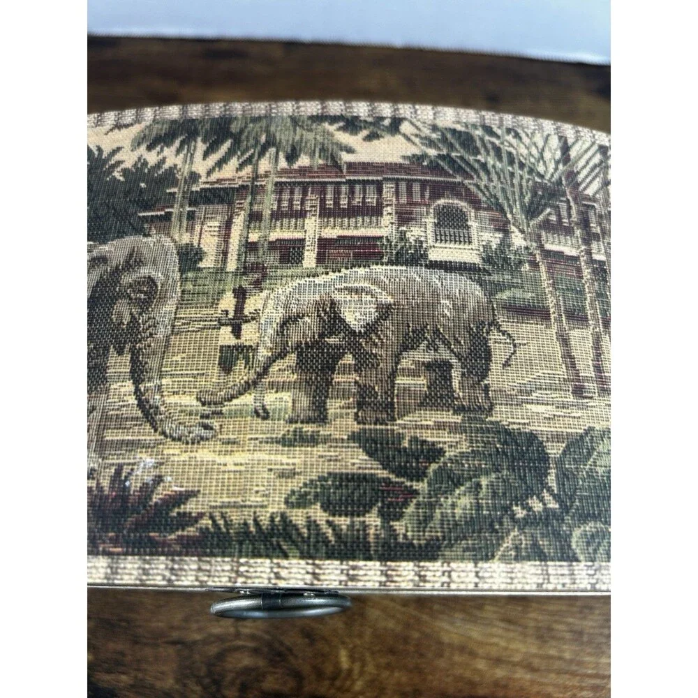 Wood Keepsake Chest Box Jungle Elephant Design Hinge Lid Decorative Storage Case